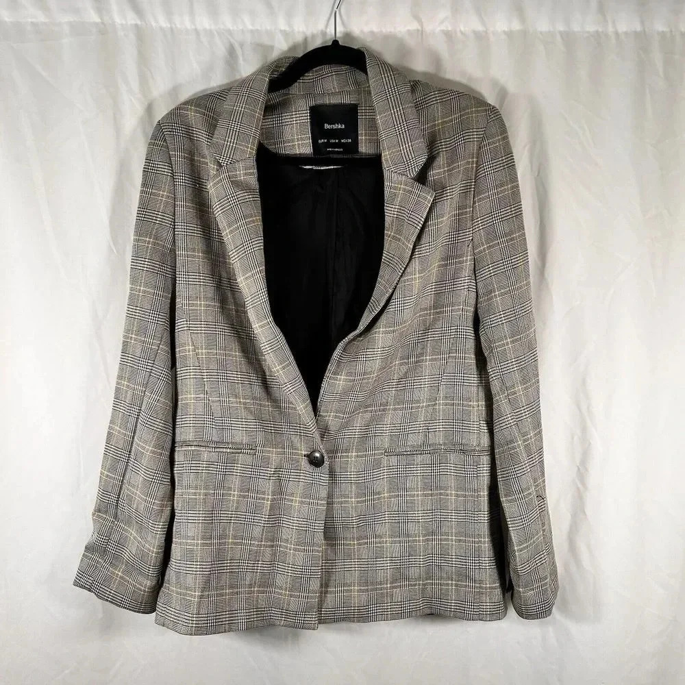Bershka Blazer Women's Medium Grey Plaid Single Button Front Faux Pockets